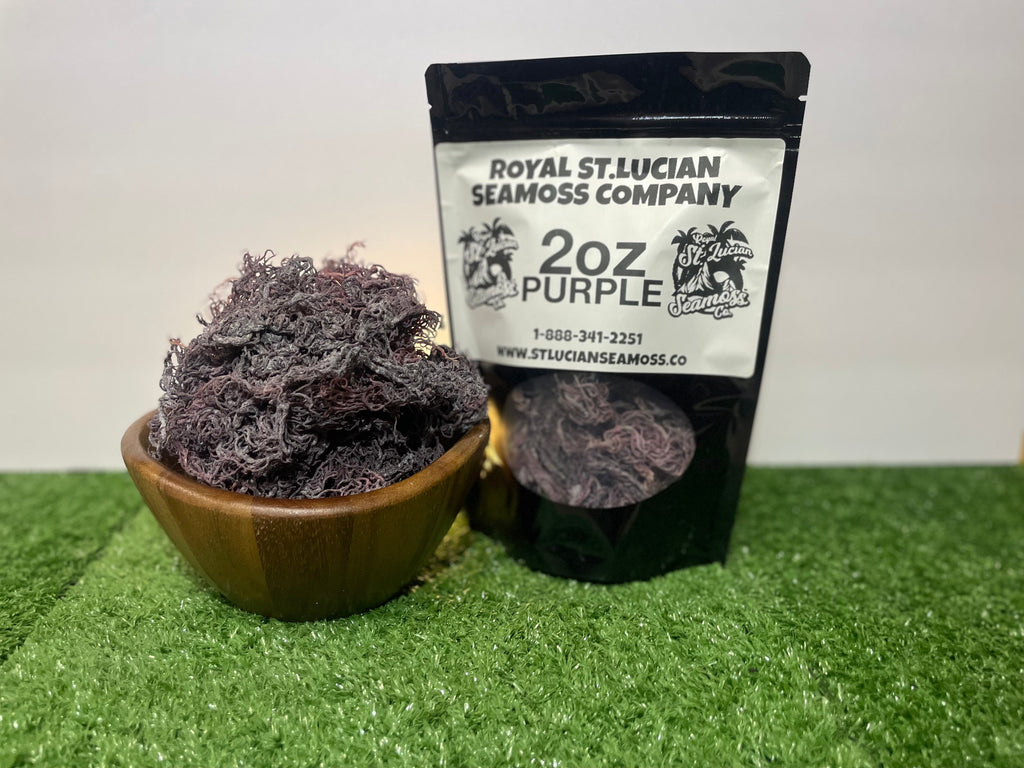 Purple Sea Moss in a wooden bowl with packaging