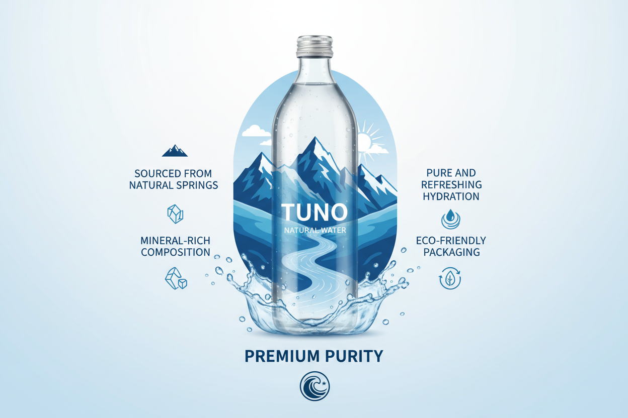 Tuno natural spring water bottle with mountain graphic
