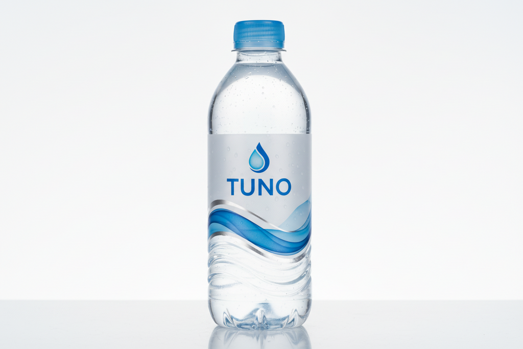 Tuno bottled spring water with blue cap and label