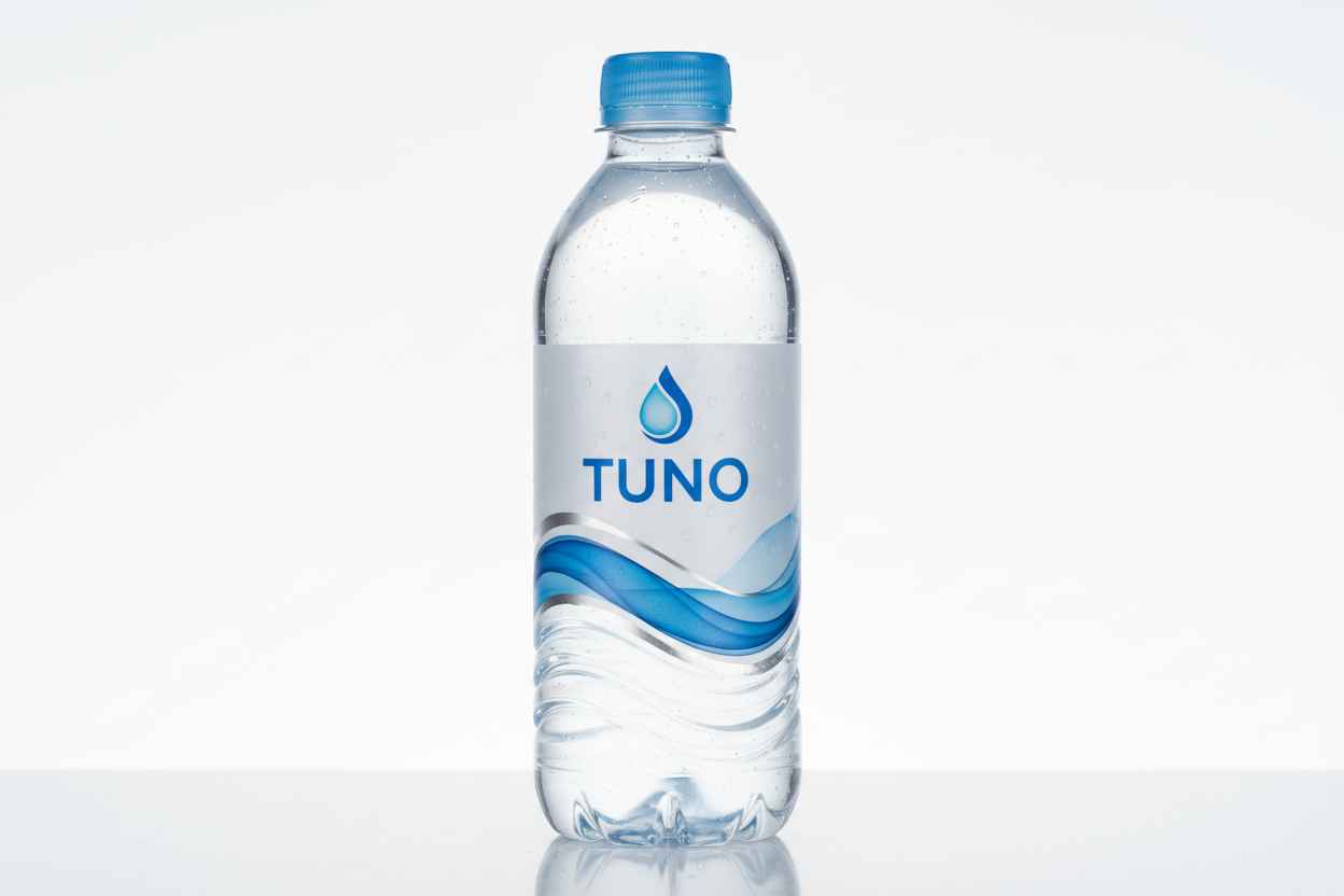 Tuno bottled spring water with blue cap and label