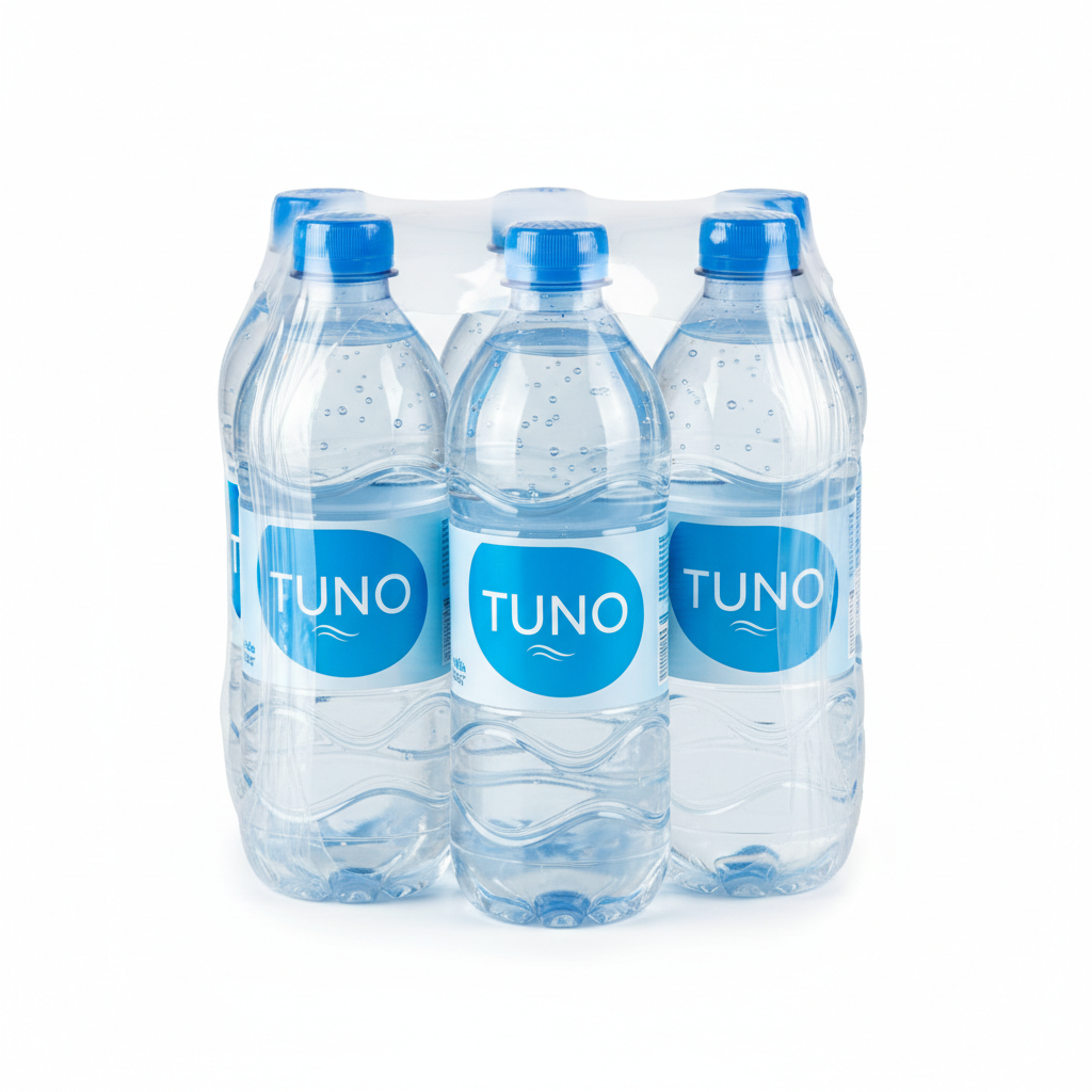 Pack of Tuno bottled spring water with blue labels